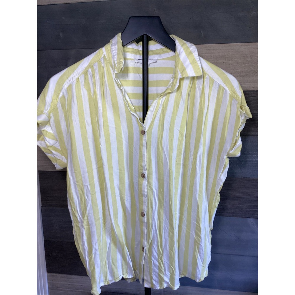 Beach Lunch Lounge Ladies Yellow White Striped Button Up Shirt XS